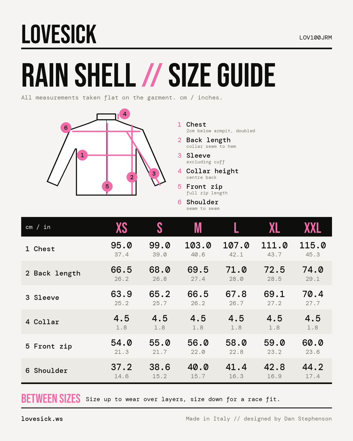Outlands 2026 // Rain Jacket size guide, cm and inches